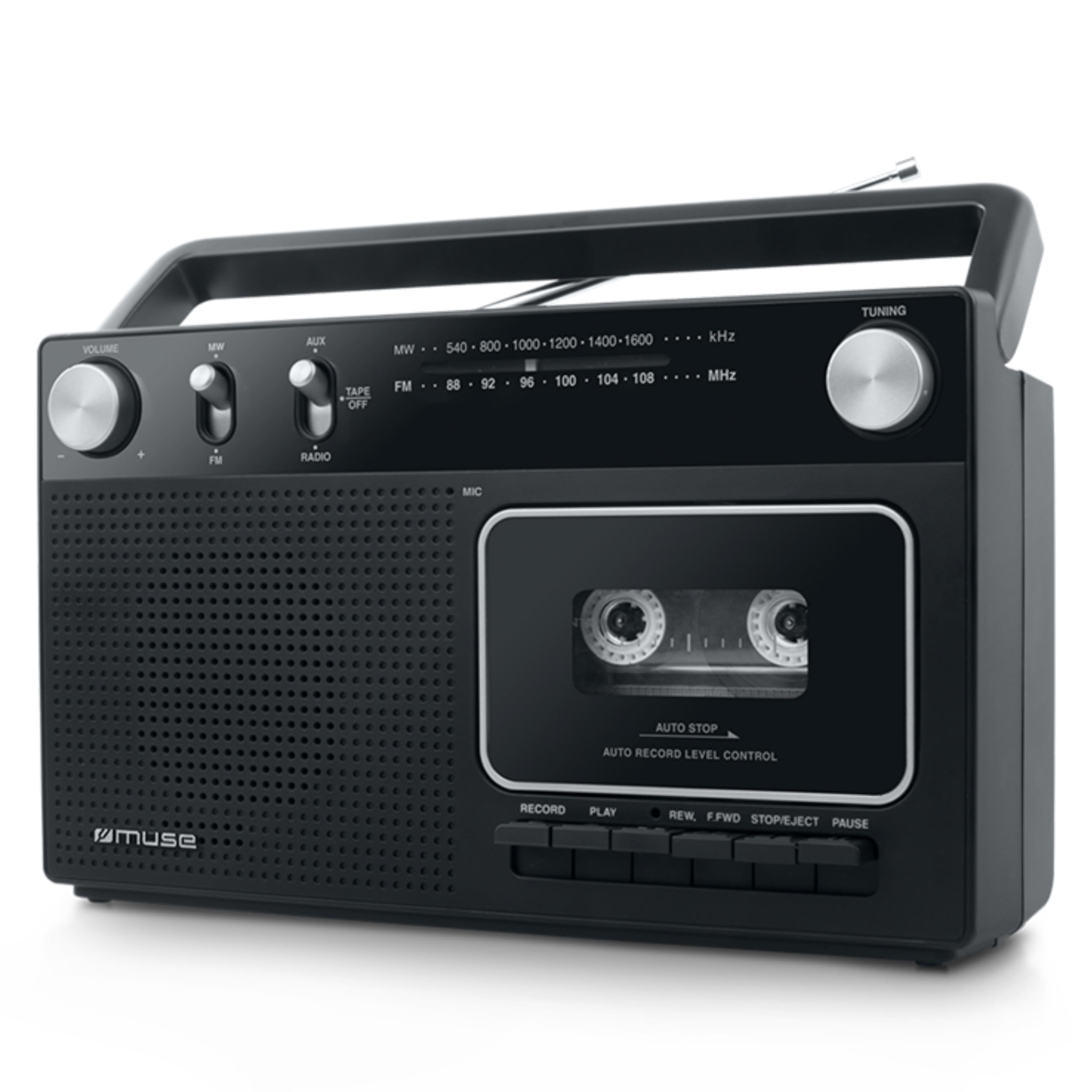 Muse M-152 RC Retro - Grabador de Casetes con Función de Grabación (Radio FM y Am, Entrada Aux, Antena Telescópica), Color Negro