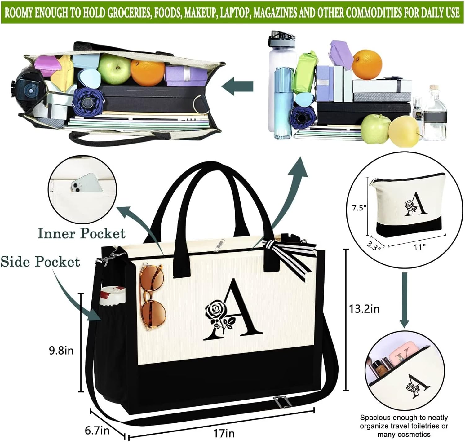 Miniatura 2 de YOOLIFE Bolsa de lona personalizada con inicial con bolsa de maquillaje, bolsa de playa con cremallera correa ajustable, regalos de cumpleaños