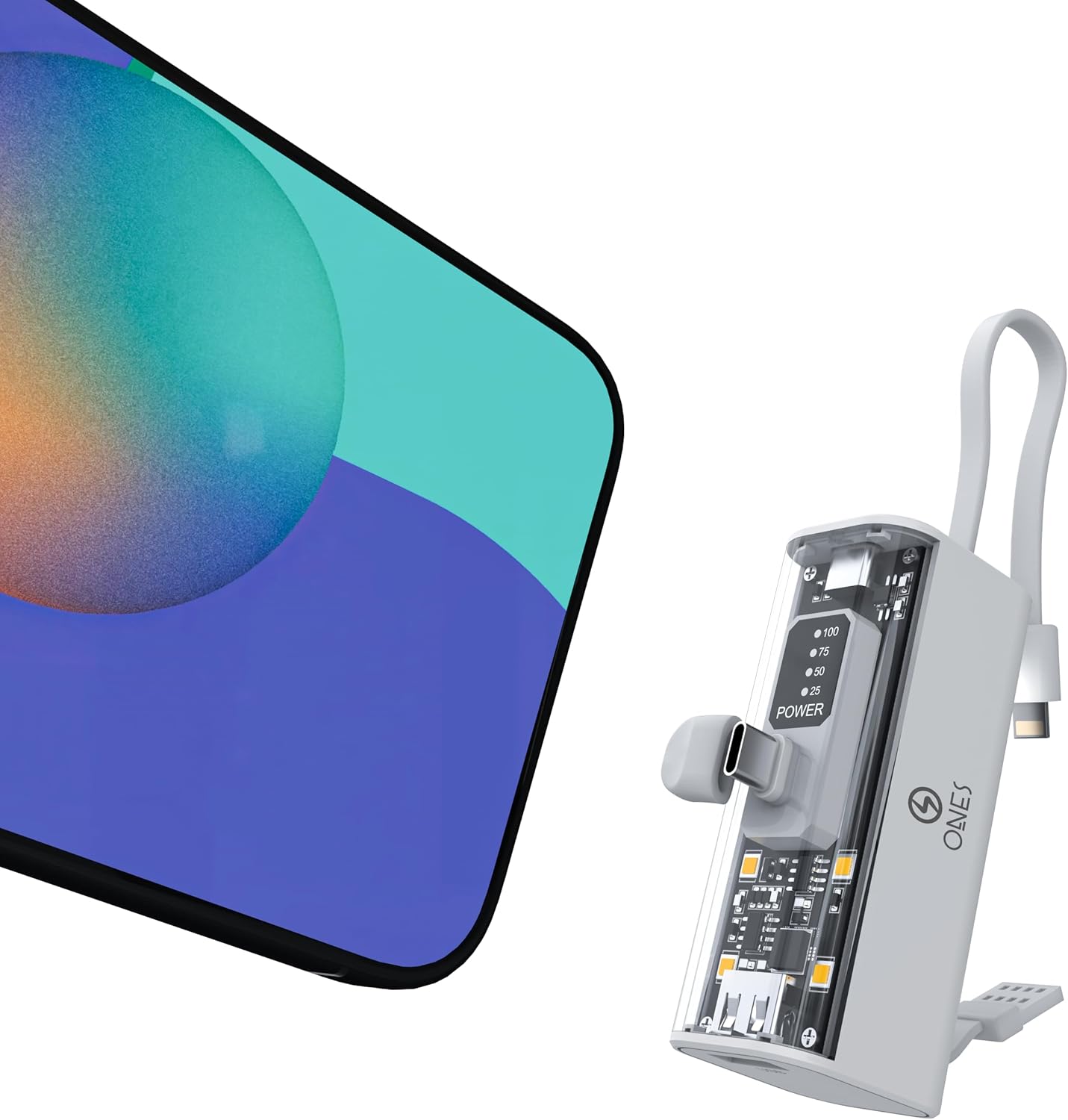 ONES Small Portable Charger, 5000mAh Fast Charging Power Bank, Smart Display, LED Lights, Mini Battery Pack Backup Charger for iPhone 16 15 14 13 12 11 Samsung etc, USB C Plug & Lighting Cable, White