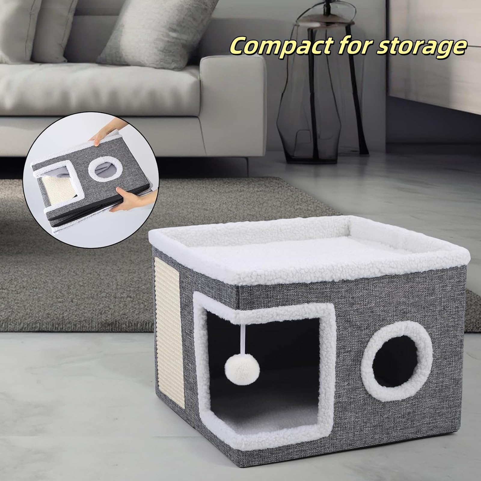 سرير قطط كبير للقطط الداخلية - كهف مريح مع وسادة خدش وكرة منفوشة، منزل قابل للطي للقطط الصغيرة، 39 × 39 × 32 سم، رمادي
