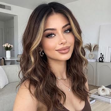 Blonde Highlight Chocolate Brown WWig for Women Glueless Middle Part Curly Wavy Synthetic Hair Wigs, Lace Hairline Heat Resistant 18 Inch Wig, Easy Wear for Beginners, Daily Party Cosplay