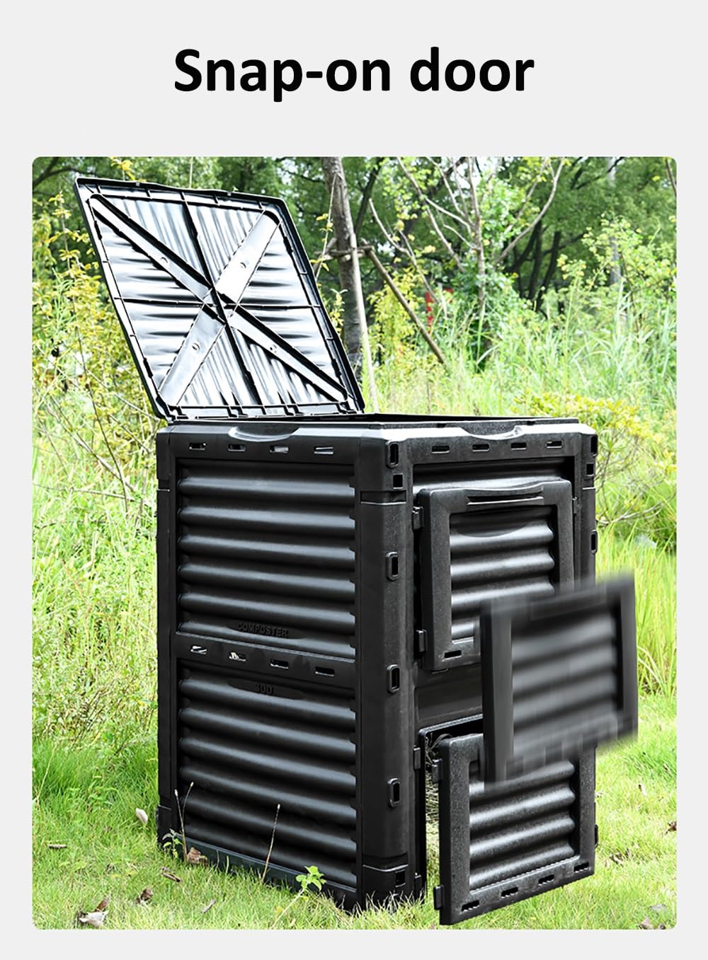Gartenkomposter mit großem Fassungsvermögen, 450 l, umweltfreundlicher Küchenkomposteimer mit Deckel und Bodentür, einfache werkzeuglose Montage, ideal für nachhaltige Abfallwirtschaft (Schwarz)