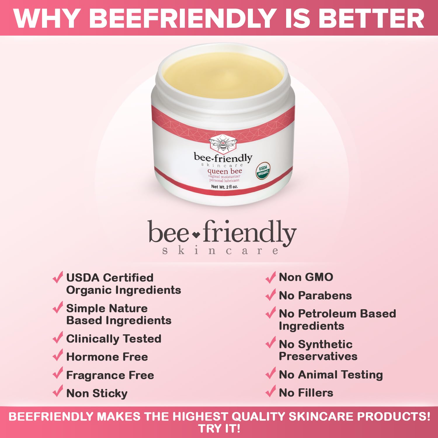 BeeFriendly Organic Vaginal Moisturizer, USDA Certified, Natural Vulva Cream For Dryness, Itching, Irritation, Redness, Chafing Of Vagina Due To Menopause & Thinning, 6 oz (3 Jars in a box)