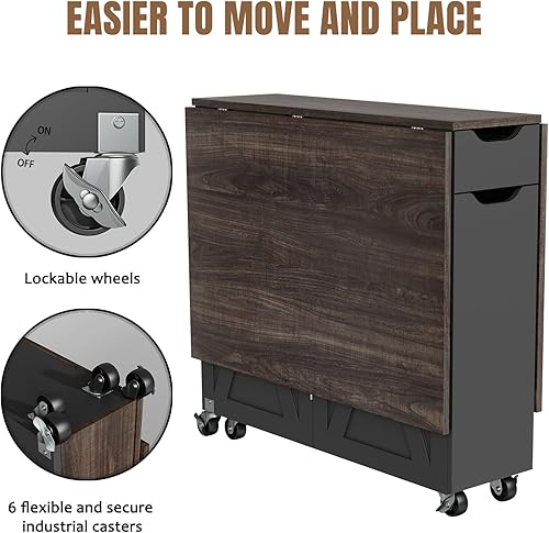 Miniatura 6 de 3imothrix Mesa de comedor plegable, mesa de comedor con cajón y almacenamiento y estantes, mesa de comedor que ahorra espacio con 6 ruedas, mesa de