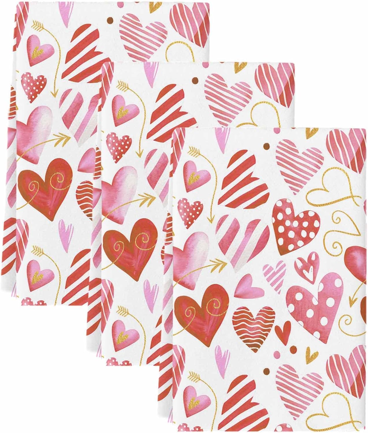 Valentine's Day Pink Kitchen Towels Set of 3 Heart Red Hand Towels for Bathroom Absorbent Fast Drying Microfiber Dishtowels Watercolor Valentines Day Tea Towel for Home Decor
