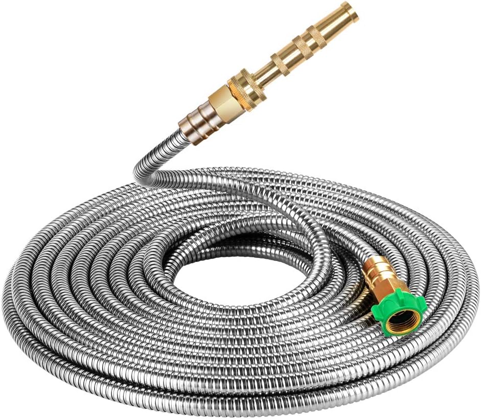 BEAULIFE 304 Stainless Steel Metal Garden Hose 25 Feet with Brass Garden Hose Nozzle Flexible, Portable & Lightweight Kink Free Garden Water Outdoor Hose