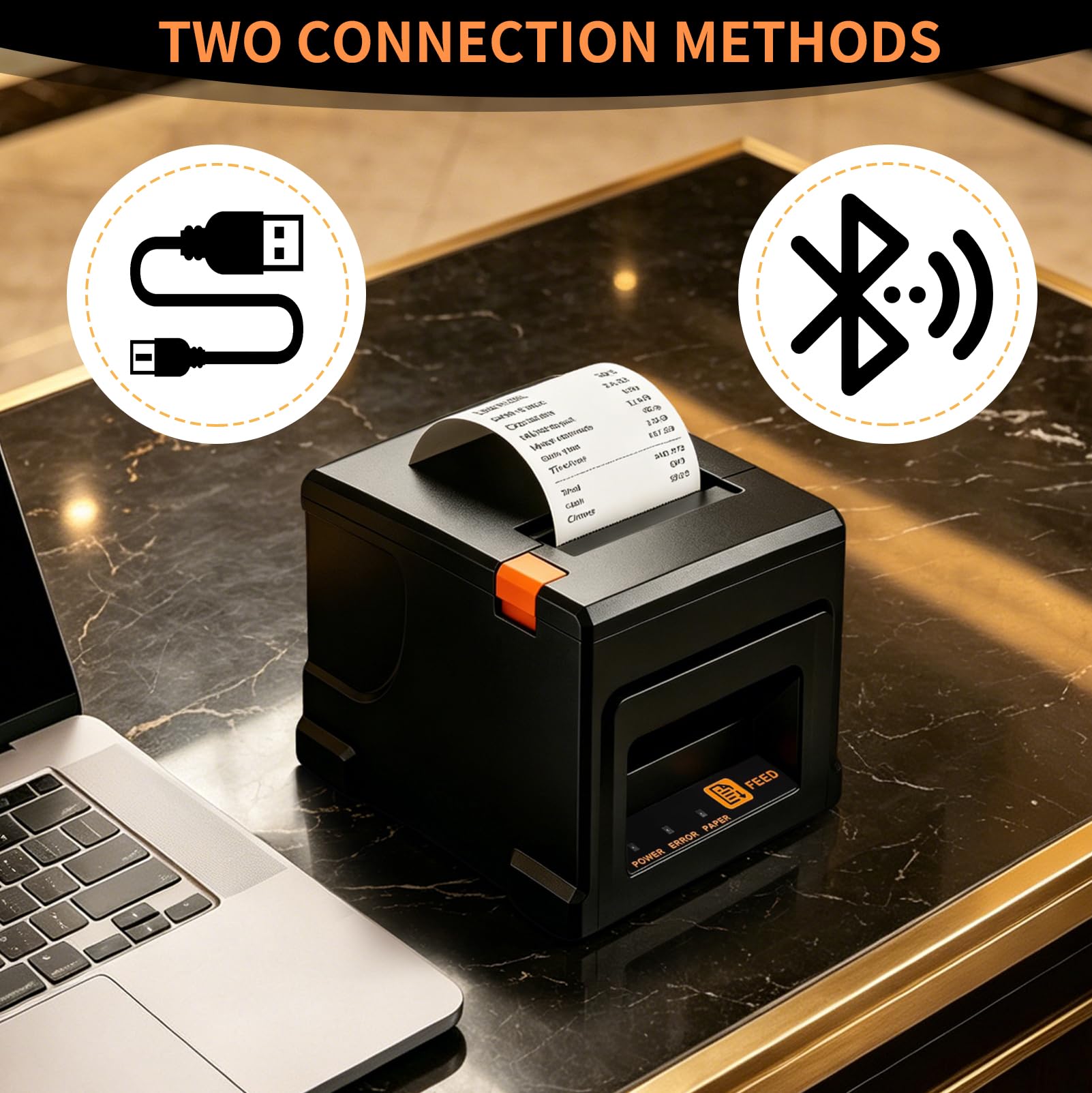 80 mm Thermodrucker POS, Kompatibel mit Windows/Mac-Systemen | 220-300mm/s, mit 5 Rollen Papier, Unterstützt Bluetooth- und USB-Verbindungen, Für Gastronomie & Einzelhandel