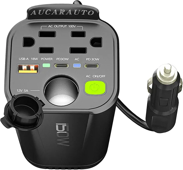 AUCARAUTO 150W Power Inverter 6 in 1 DC 12V to 110V AC Inverter with 60W Dual USB-C and 18W USB-Fast Charger & 2 AC Outlets, Car Pluɡ Adapter Outlet for Laptop/Phone/GPS | Cup Holder Design for Travel