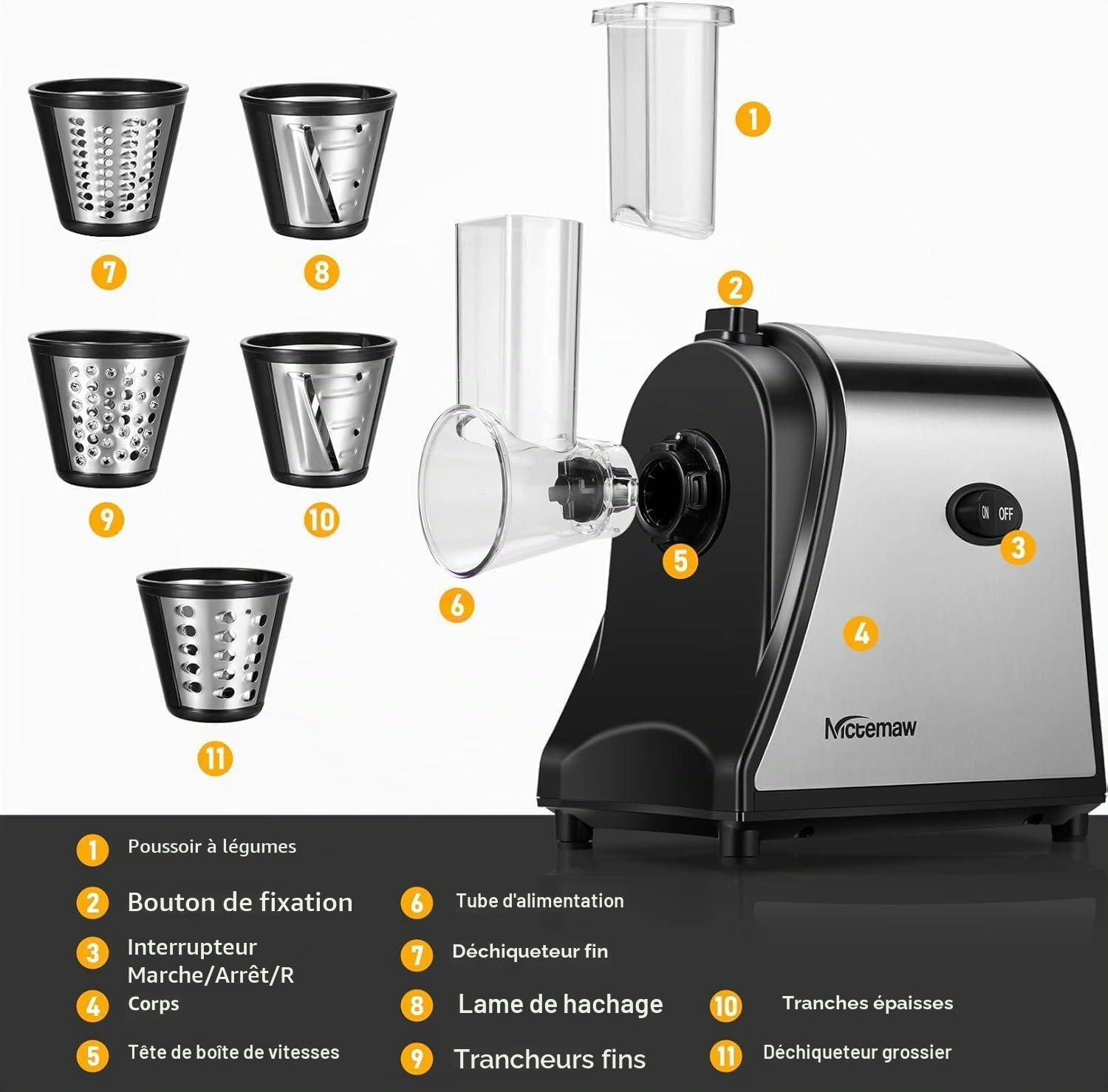 COOCHEER Coupe-légumes Électrique, 5 en 1 Râpe Multifonctionnelle Électrique, 250W Râpe et Hachoir Électriques, avec 5 Cônes en Acier Inoxydable, Convient pour Légumes et Carottes YF002