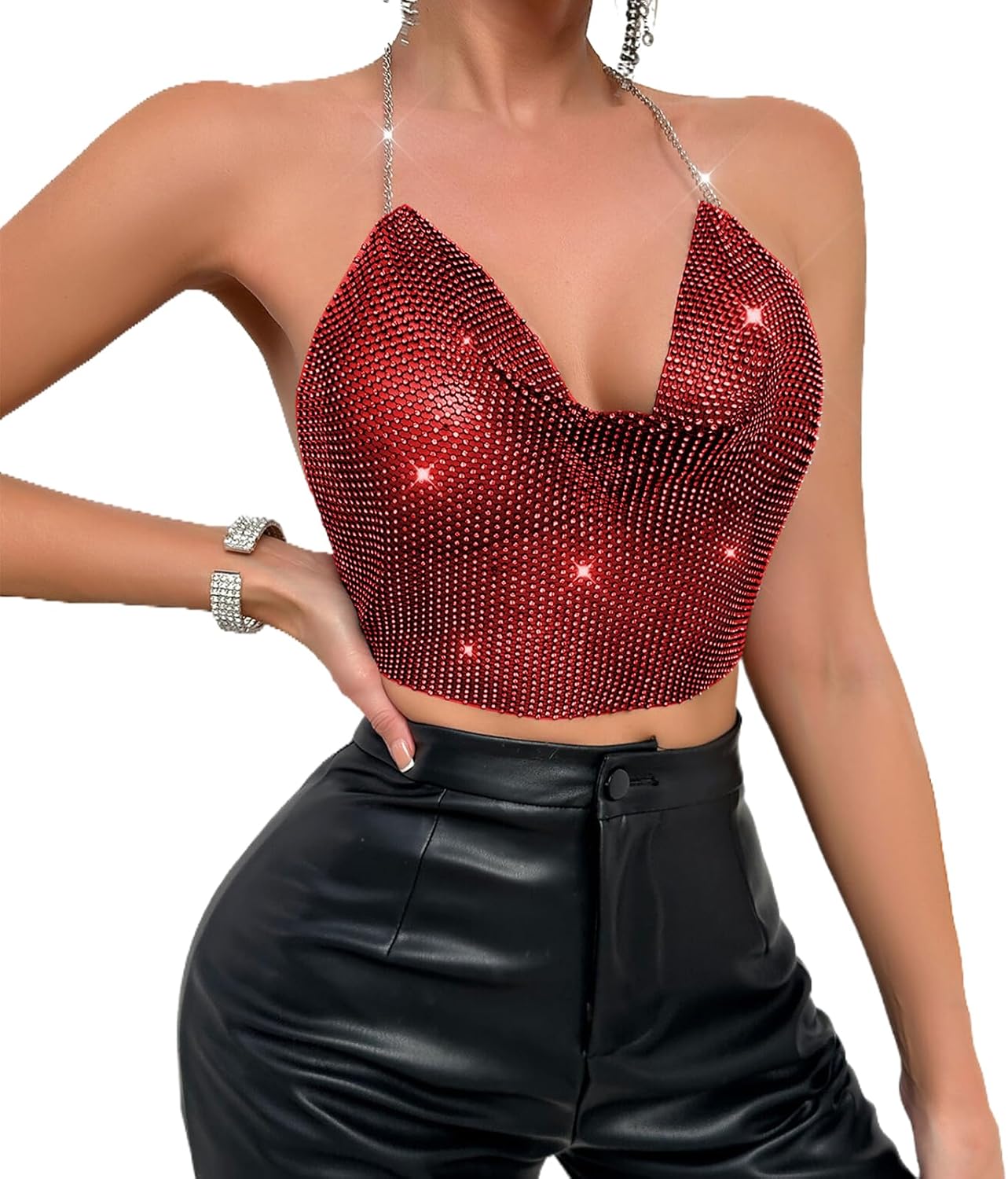 Metal Chain Top Sexy Sparkly Top Women Sequin Halter Vest Crop Top Deep V Neck Backless Tank Top Glitter Sleeveless Vests