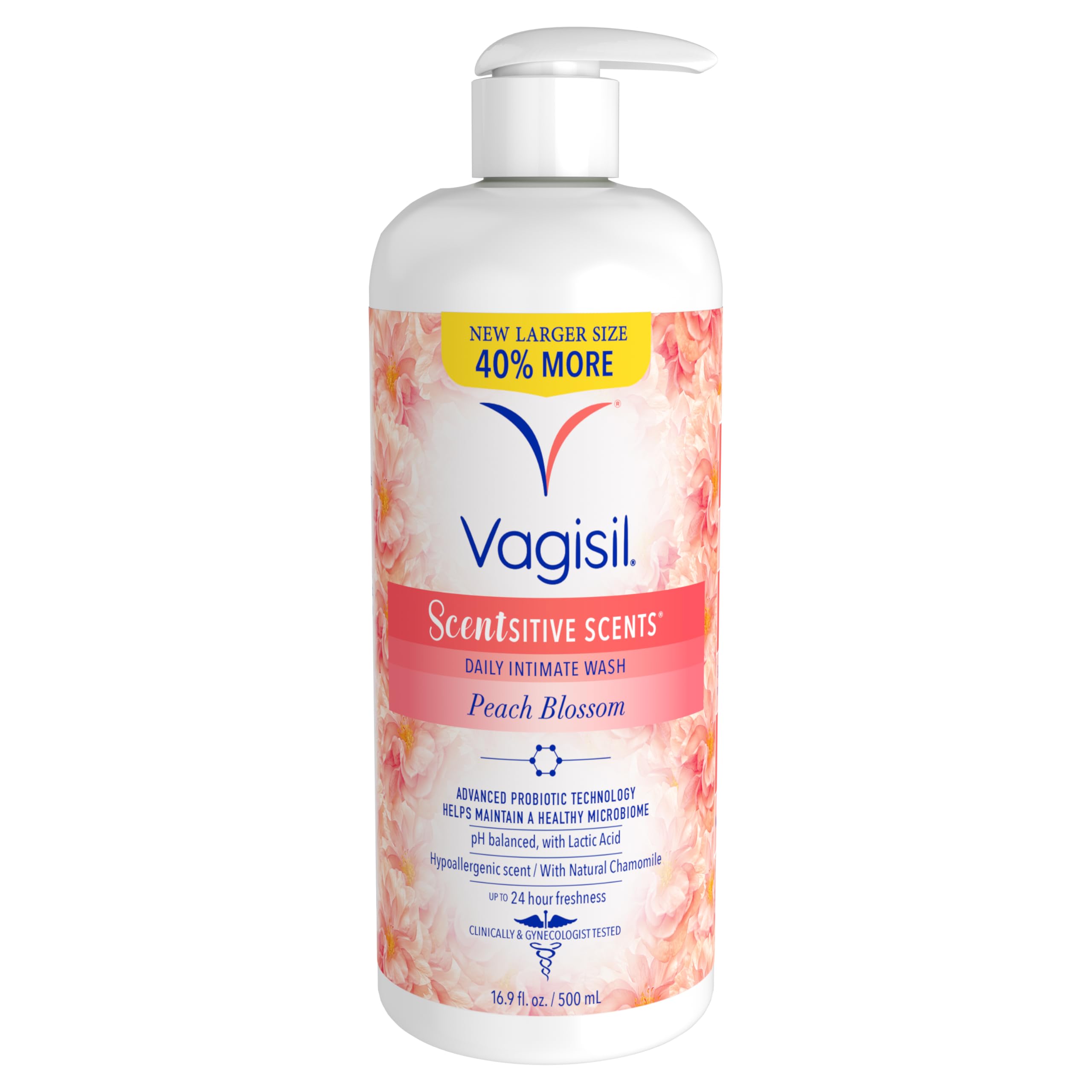 Vagisil Feminine Wash for Intimate Area Hygiene, Scentsitive Scents, pH Balanced and Gynecologist Tested, Peach Blossom, 16.9oz with Pump