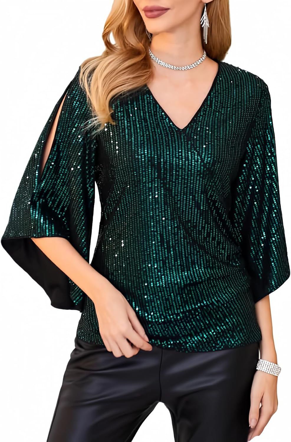 GRACE KARIN Womens Sparkly Sequin Tops,3/4 Sleeve Glitter Party Dressy Blouse,V-Neck Disco Evening Club Concert Shirt