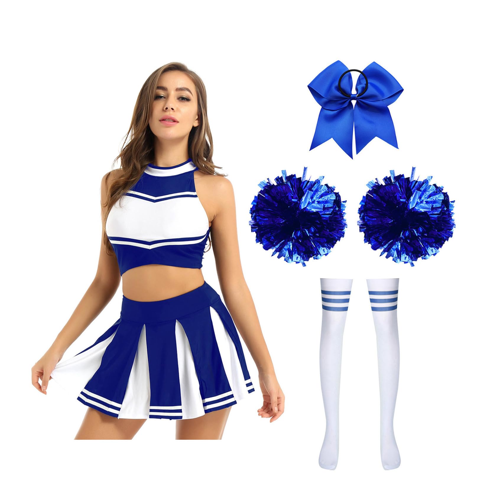 5Pcs Damen Cheer Leader Kostüm Cheerleading Uniform Crop Top mit Minirock Zubehör Cheer Outfits Halloween Karneval Fasching Tanzkostüm