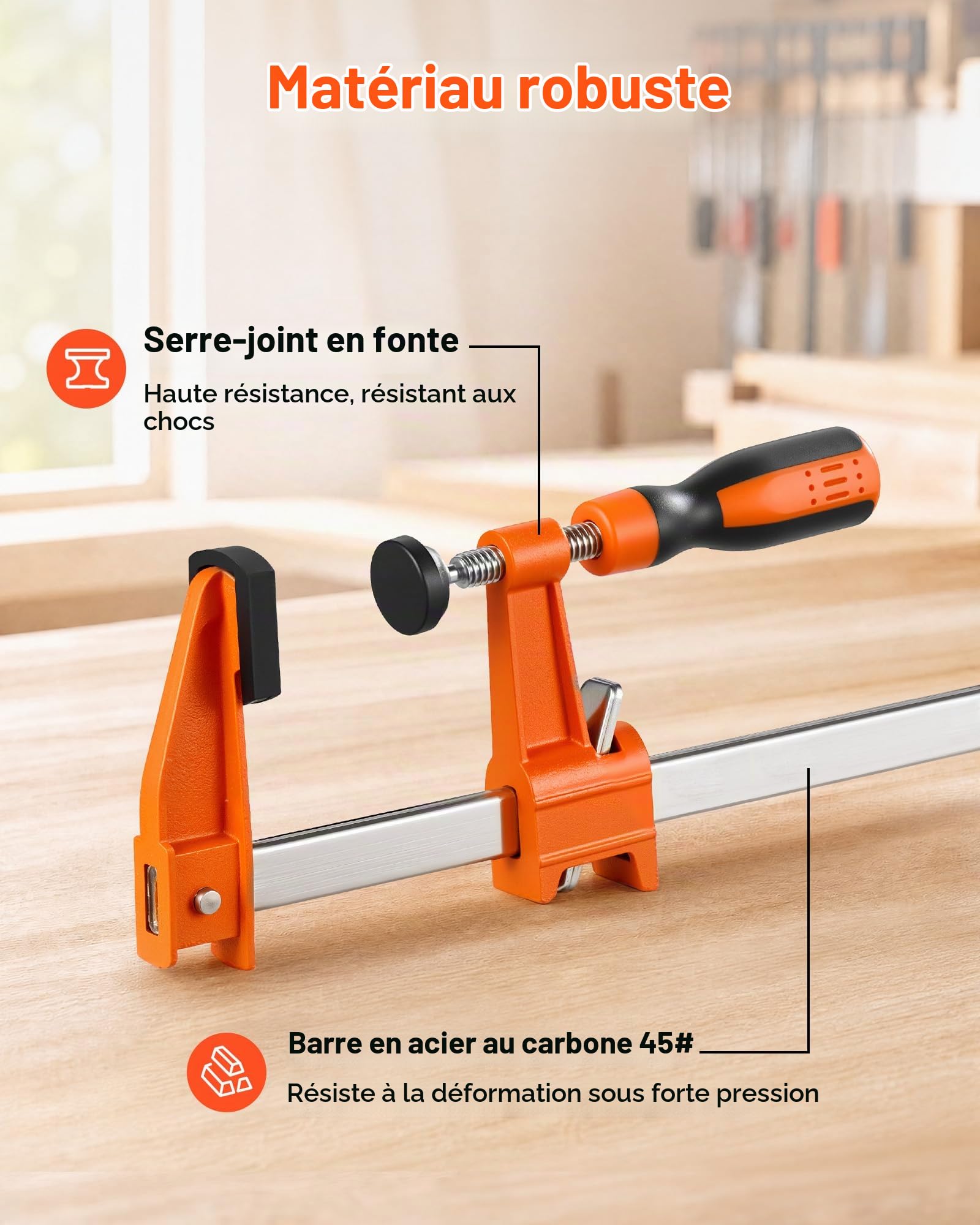 VEVOR Serre-joints à Barre 8 PCS Pince en F Ouverture 91,4 cm Force 272 kg, Système Autobloquant, Patins Plastiques, Poignée Ergonomique, Fonte de Qualité et Acier au Carbone, Travaux du Bois et Métal
