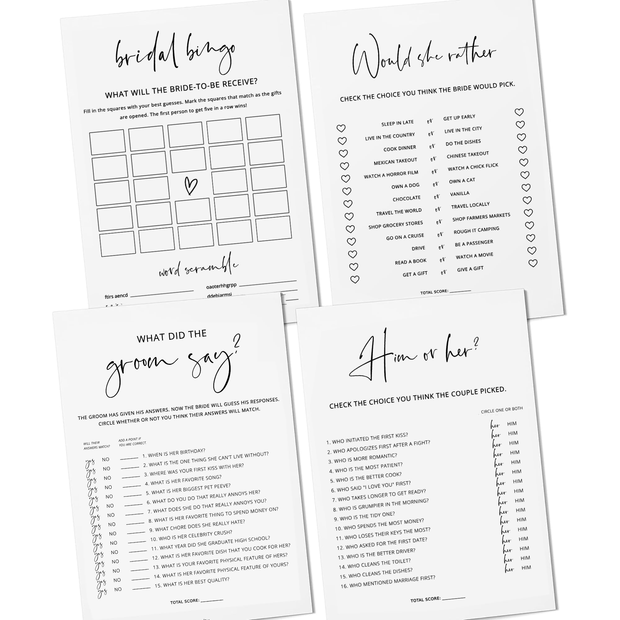 GardenCity Bridal Shower Games - Set of 4 Bridal Shower Games for 30 Guests, Double-Sided Cards, Minimalist (30 Pack)