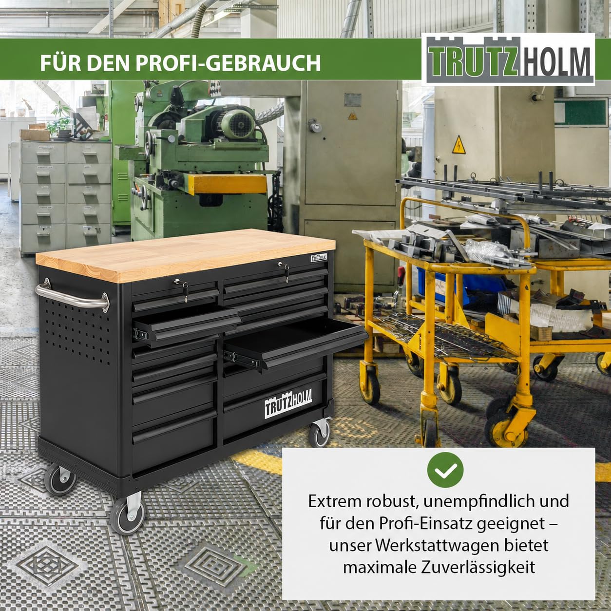 TRUTZHOLM Werkstattwagen DELUXE 12 Schubladen leer, Werkzeugwagen abschließbar mit 40 mm Hartholz-Arbeitsplatte, kugelgelagerte Schwerlastauszüge, Rollen mit Feststellbremse, Anthrazit/Grau