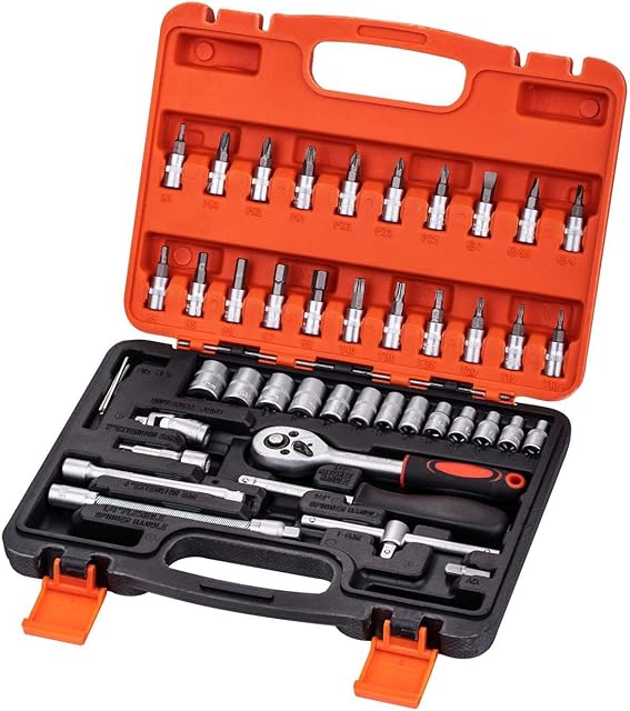 KATSU 46PCs 1/4 Inch Socket Set, 4-14mm Metric Drive with 24-Teeth Quick-Released Ratchet Wrench, Extension Bars and Hex Torx Bits, High Grade Chrome Vanadium Steel, Auto Mechanical Tool 420312B