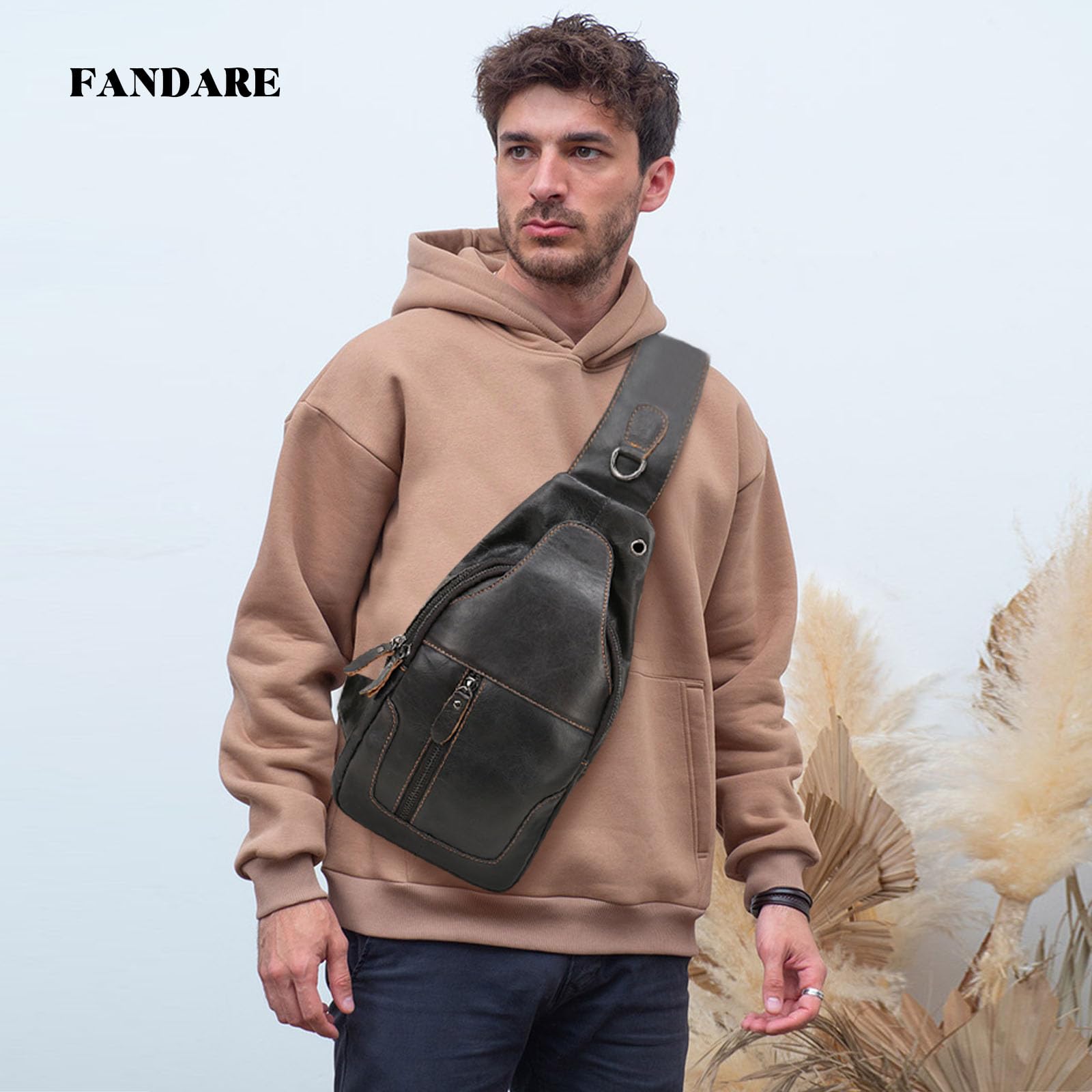 FANDARE Retro Sling Bags Mens Leather Shoulder Packs Unbalance Backpacks Women Chest Pack Waterproof Crossbody Bags Multipurpose Daypacks for Business Commuter Outdoor Travel Hiking Daypacks Black