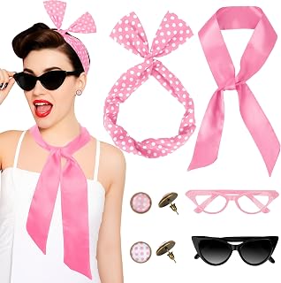 QZYL 6 Pack 1950's Womens Costume Accessories Set Retro Polka Dot Chiffon Scarf Headband Cat Eye Glasses Earrings Party