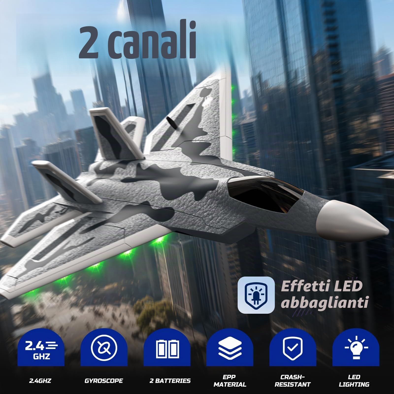 DEERC 2CH F22 Avione telecomandato Raptor con luci, aereo da caccia telecomandato, aliante RTF con stabilizzatore giroscopico a 6 assi 2,4 GHz, con 2 batterie, facile da pilotare per bambini