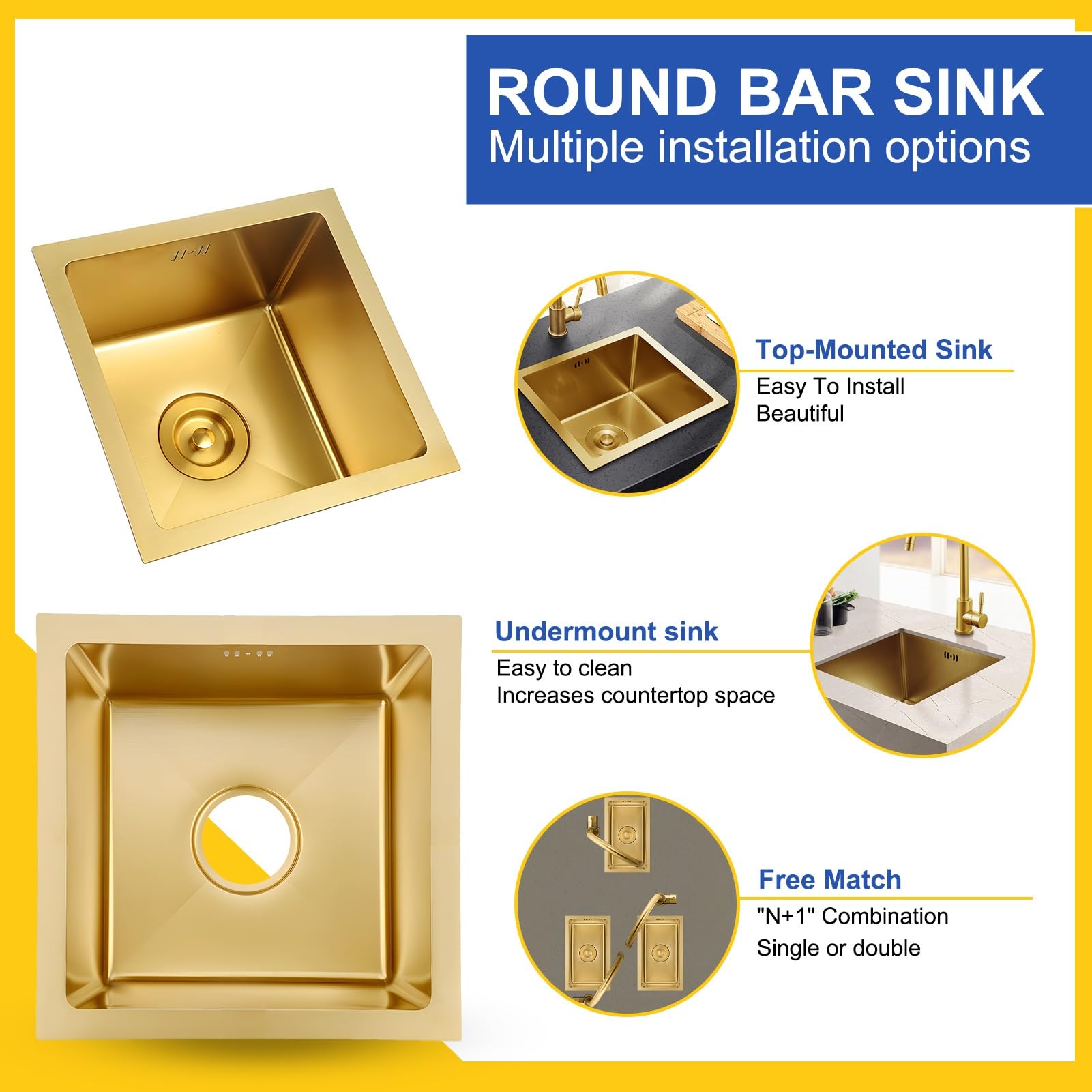 Gold Bar Mini-Spüle, Unterbau, Drop-In Bar-Spüle, Topmount kleine Küche, Einzelbecken, Edelstahl-Arbeitsplatzspüle mit Zubehör-Set, 21,3 cm tief (38 x 38 cm)