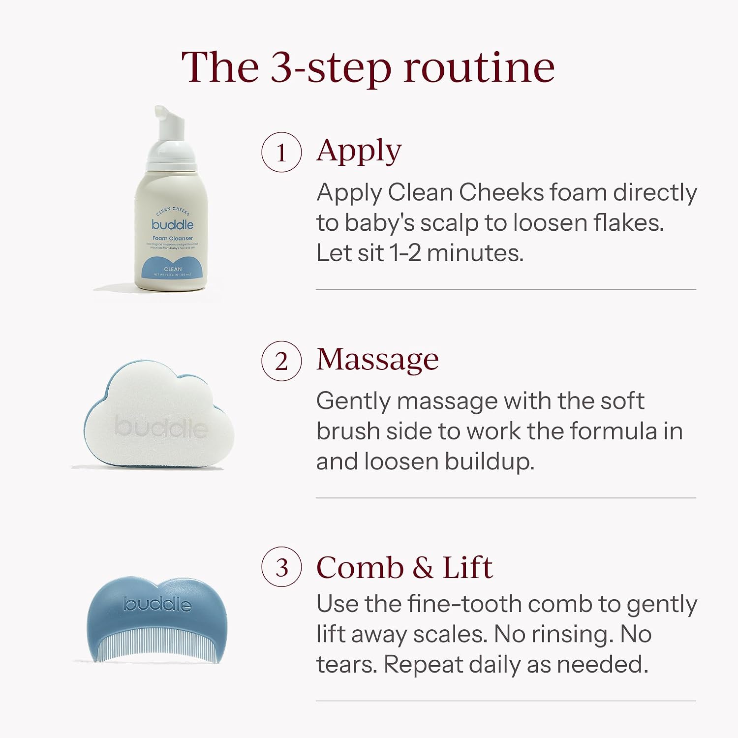 Buddle 3-Piece Baby Cradle Cap System with Foam Cleanser, Comb and Brush