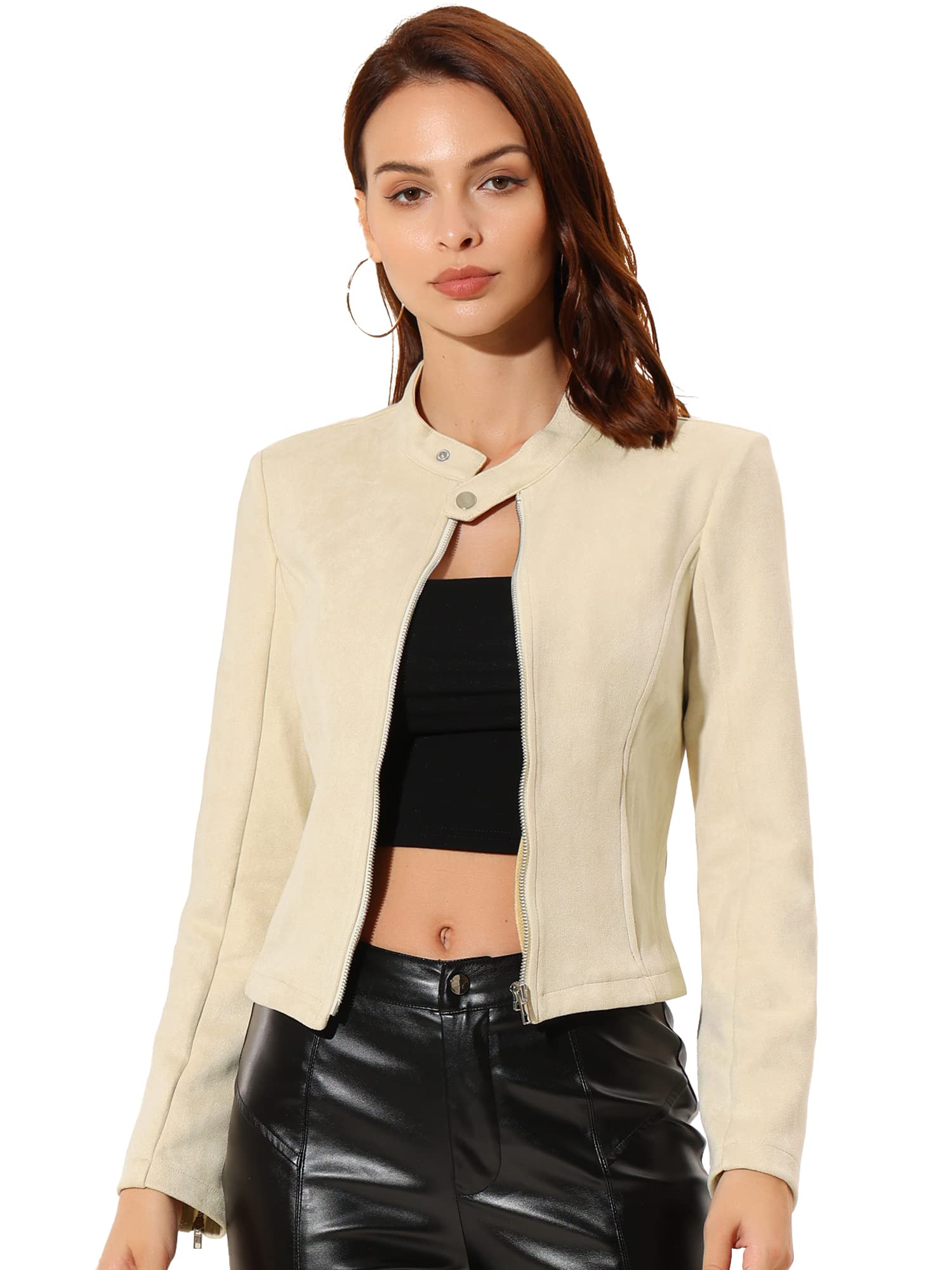 Allegra K Chaqueta de Gamuza Sintética para Mujer, Cuello Alto, Cremallera | Manga Larga, Abrigo de Motociclista