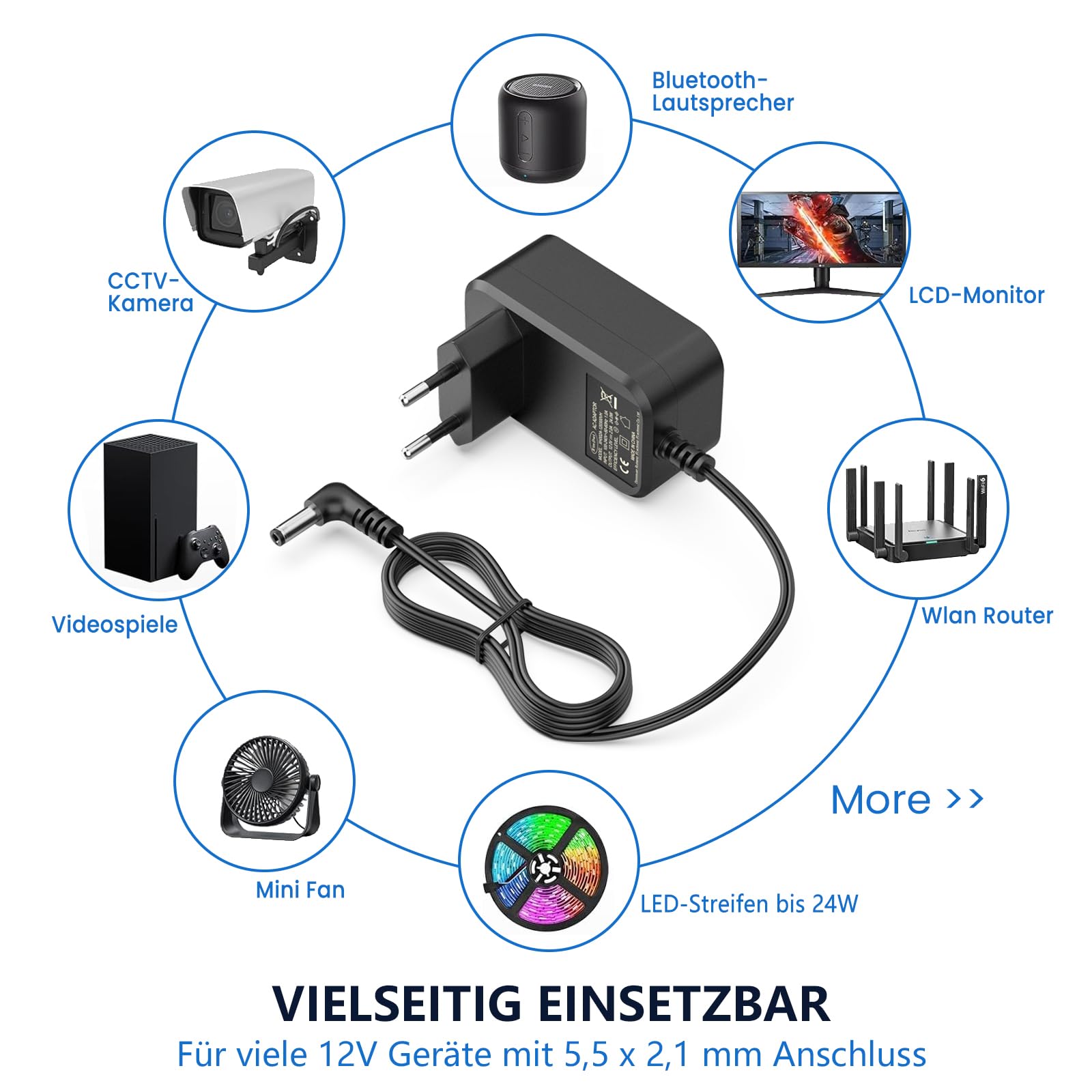 Zasilacz sieciowy 12 V 2 A 24 W z wtyczką drążoną DC 5,5 x 2,1 mm | Do taśm LED, kamer CCTV, DVR NVR, routera WLAN, TV Box