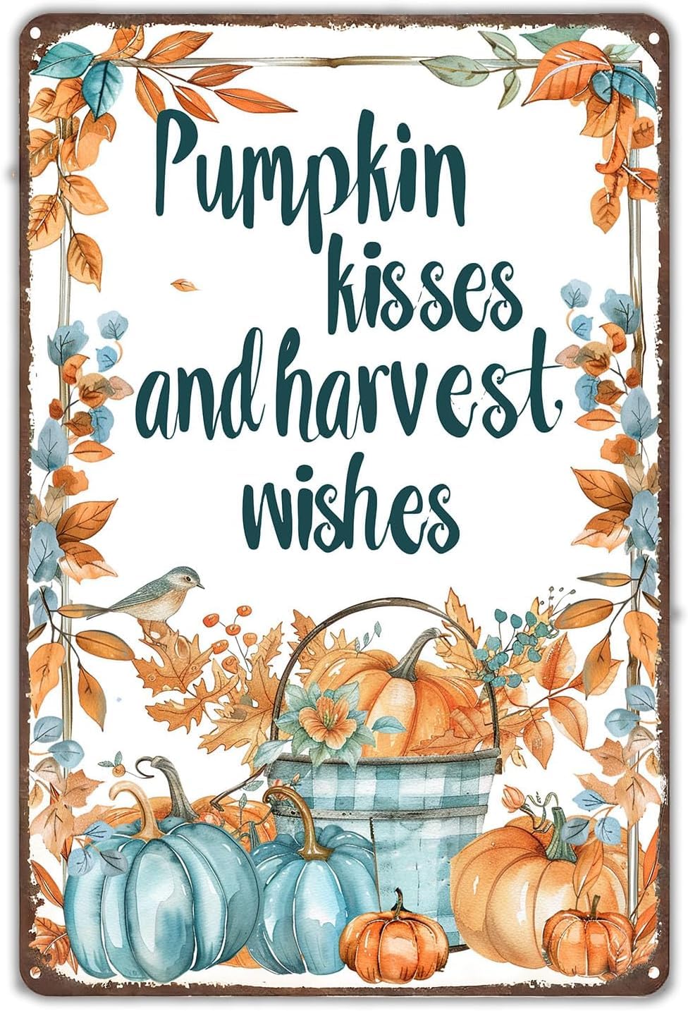 SMAZDFXX Pumpkin Kisses and Harvest Wishes Metal Tin Sign Fall Decorations for Home Kitchen Farmhouse Porch Thanksgiving Party Wall Decor Accessories Poster 8"x12"