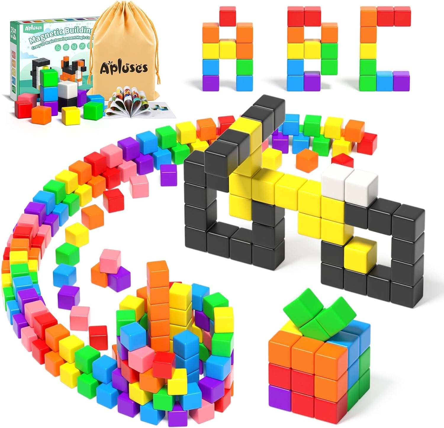 Apluses 54-Teiliges Magnetische Bausteine, Magnetische Bauklötze für Kleinkinder ab 3 Jahren, Montessori-Spielzeug, Magnetwürfel, Magneten für Kinder im Alter von 3-5 Jahren, Jungen und Mädchen