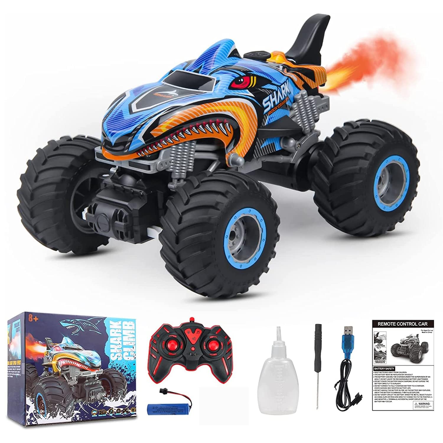 Aputue Remote Control Monster Truck, 1:16 Scale 2.4GHz All Terrain Shark Monster Truck with Light Sound Spray, Rechargeable Batteries Kids Remote Control Car Toys Gifts for 3 to 8 Year Olds Kids