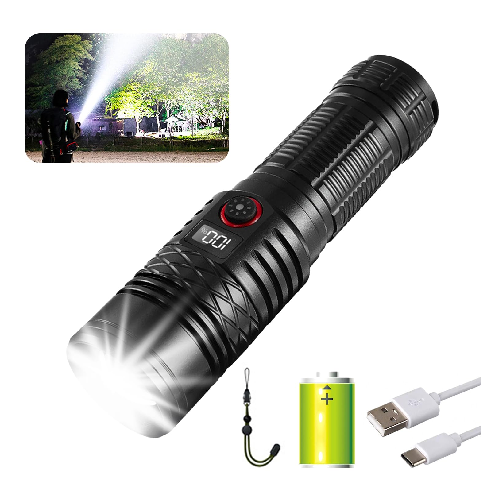 Linternas recargables de alto lúmenes LED, linterna súper brillante, linterna táctica ajustable, 5 modos, impermeable, luz de flash de mano para emergencias, camping, senderismo