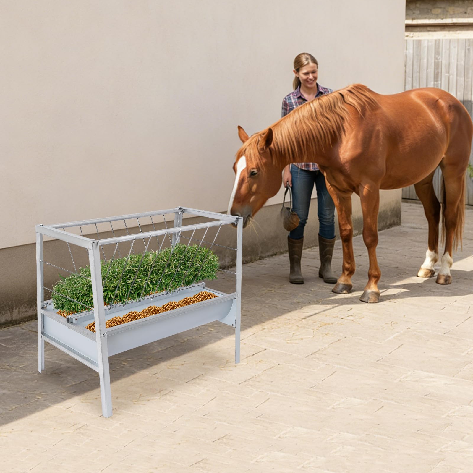 2 en 1 comedero para heno y cereales de metal para heno y grano, sin desperdicio, cabras independientes, comedero con 2 comederos profundos para ovejas, cabras, caballos, ganado, 100 x 66 x 85 cm