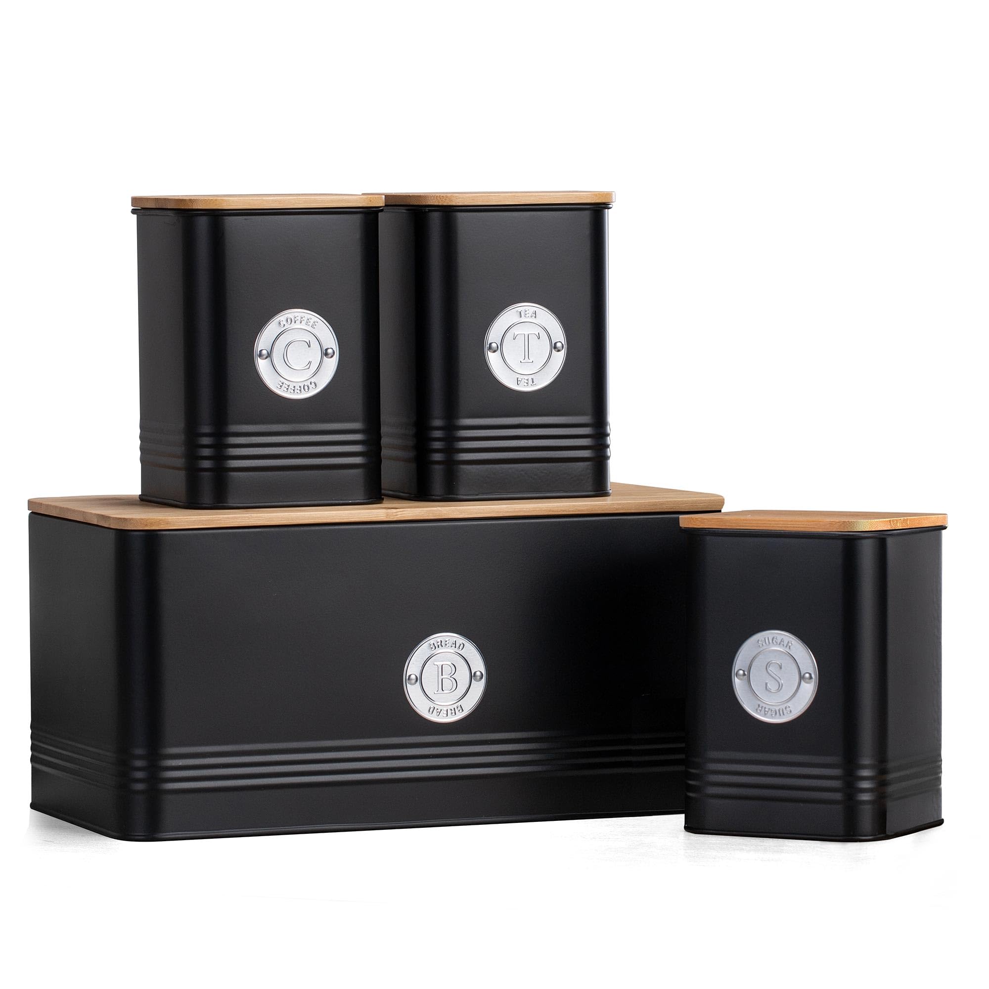 EHC Set of 4 Tea, Sugar, Coffee & Bread Bin Canisters Set, Kitchen Storage Jars with Lids, Containers Canisters Jars Set of 4, Black