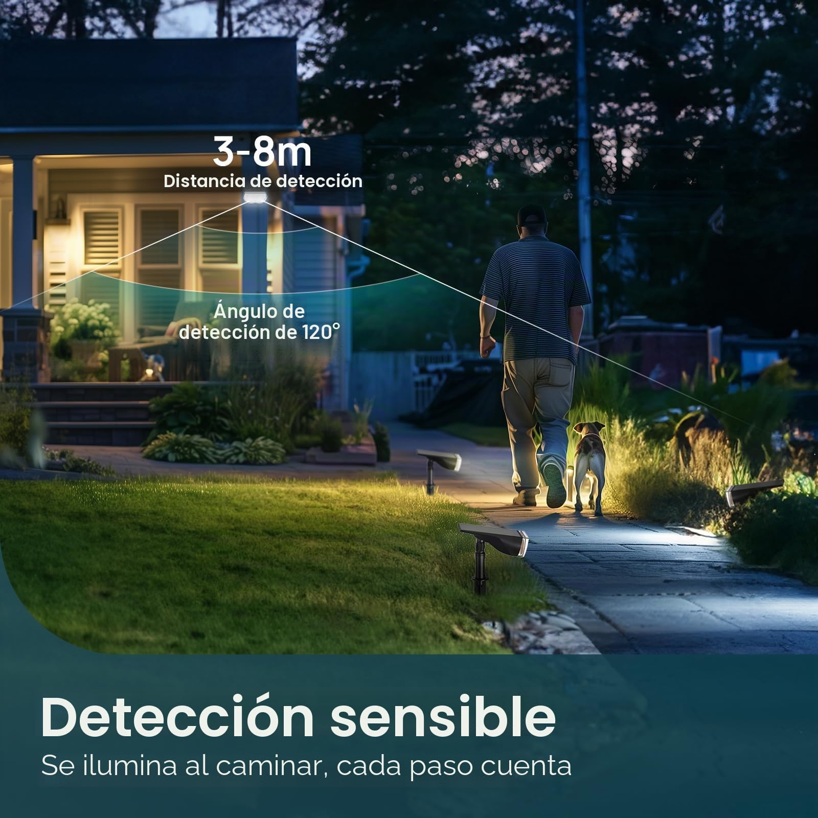 Linkind - Lámpara solar exterior con detector de movimiento, 3000 K, color blanco cálido, 3 modos, 1000 lúmenes, foco de callejón, StarRay IP67 LED