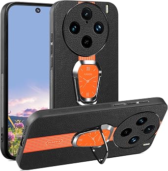 Phone Case for Vivo X100 Pro Black Leather Silicone Cover with Metal Ring Stand, Slim Soft Magnetic Shockproof Protective Cover for Women Men, Classy Luxury Orange