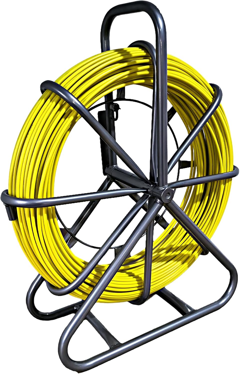 Professional Fiberglass Fish Tape, 1/4in x 656ft Heavy-Duty Duct Rodder with Steel Cage Stand for Pulling Wire and Cable Through Conduit, Walls, and Floors
