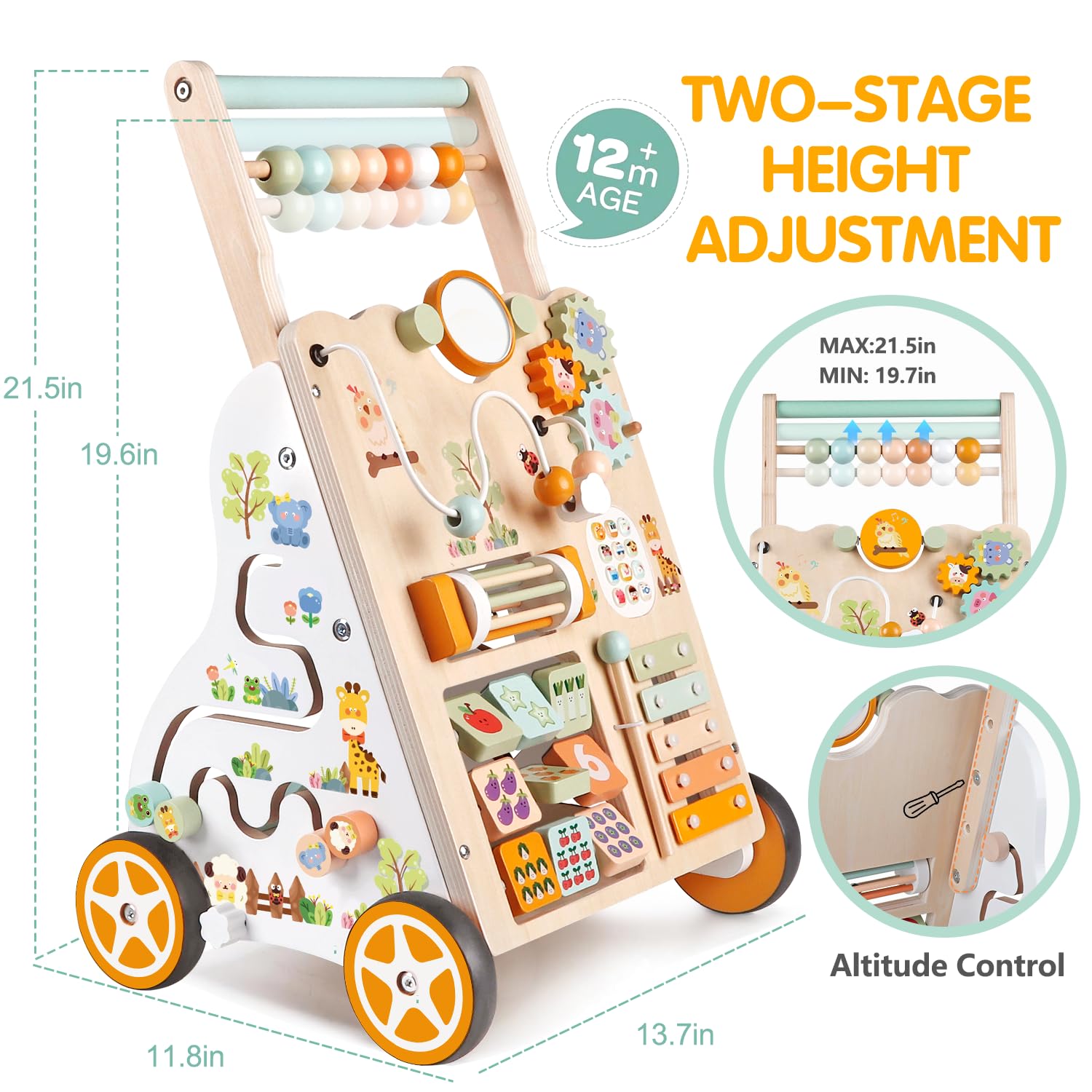 Carrello Primi Passi in Legno per Bambini – Girello Montessori con Centro Attività – Altezza e Velocità Regolabili – Giocattolo Educativo per Bimbi 12+ Mesi, Bambine e Bambini di 1 Anno (Naturale) - 3