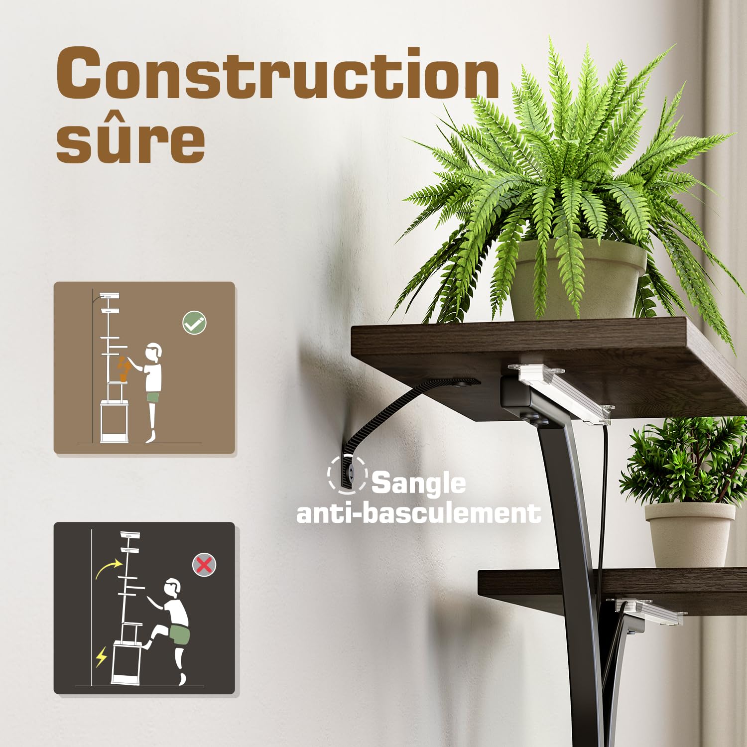 Support Plantes 150cm – 8 étagères, LED croissance, métal noir | Support plantes 150cm | 8 étagères | LED croissance + minuterie | Métal noir + bois | Int & ext | Salon, balcon