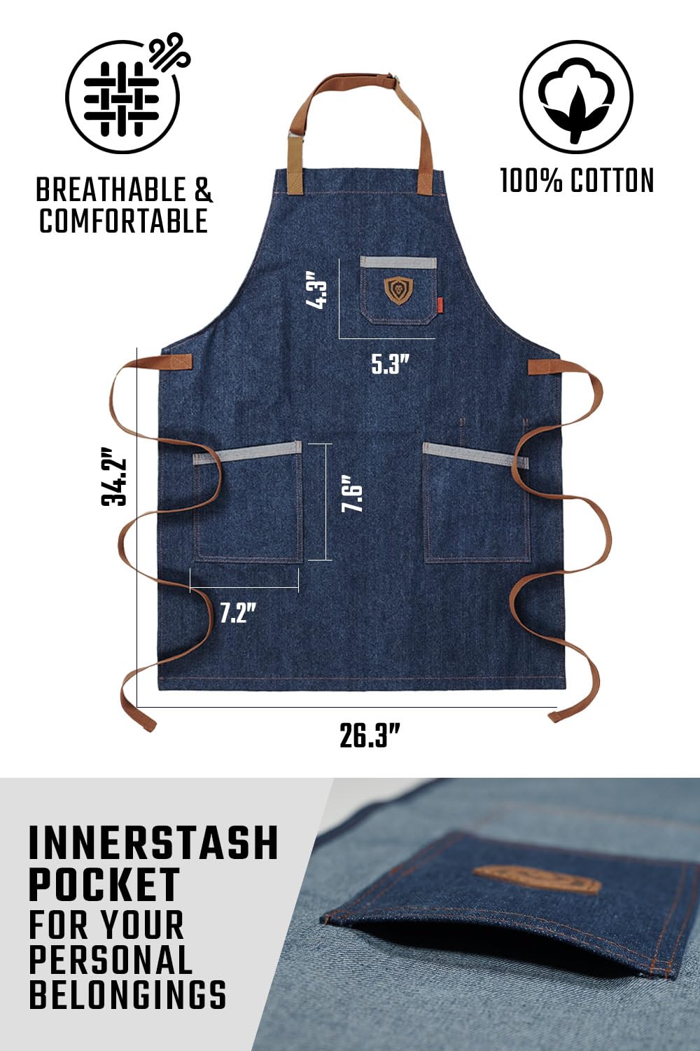 Dalstrong Professional Chef's Kitchen Apron - 4 Storage Pockets - Liquid Repellent Coating - Genuine Leather Accents - Adjustable Straps