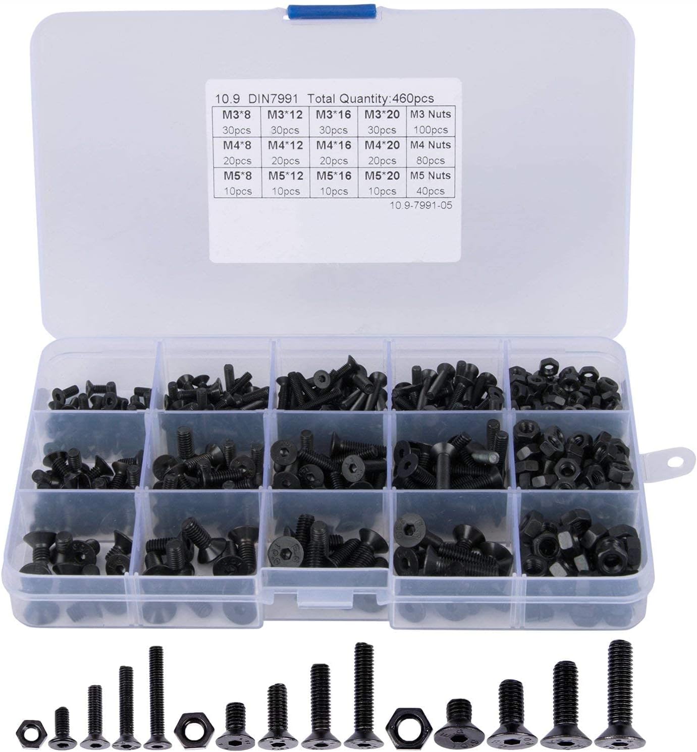 Hakkin Screws / Nuts Set Hakkin, 460 Pieces, M3/ M4 / M5, 10.9 Grade Hex Bolts and Nuts, Alloy Steel, Countersunk Head, Assortment / Kit, Precision Metric Nut and Bolt Set