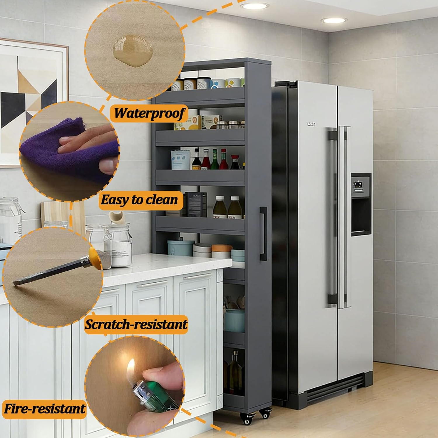 7-Tier Slim Storage Cart, Wooden Rolling Pantry Cabinet with Wheels, Narrow Shelf Organizer for Kitchen, Bakers Rack, Dining Room, Closet,Natural,W5.9×D21.7×H72.4