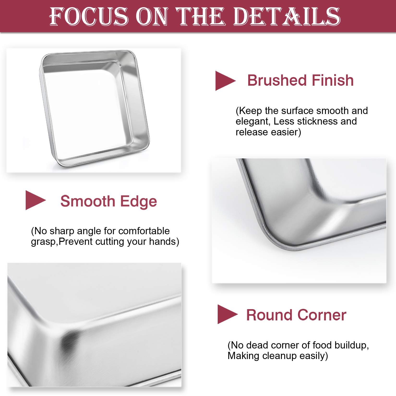 P&P CHEF 8 Inch Square Baking Pan Set of 4, Square Cake Pans, Stainless Steel Deep Bakeware for Lasagna Bread Brownie, 8"x8"x2", Leakproof & Heavy Duty, Easy Release & Dishwasher Safe - Image 3