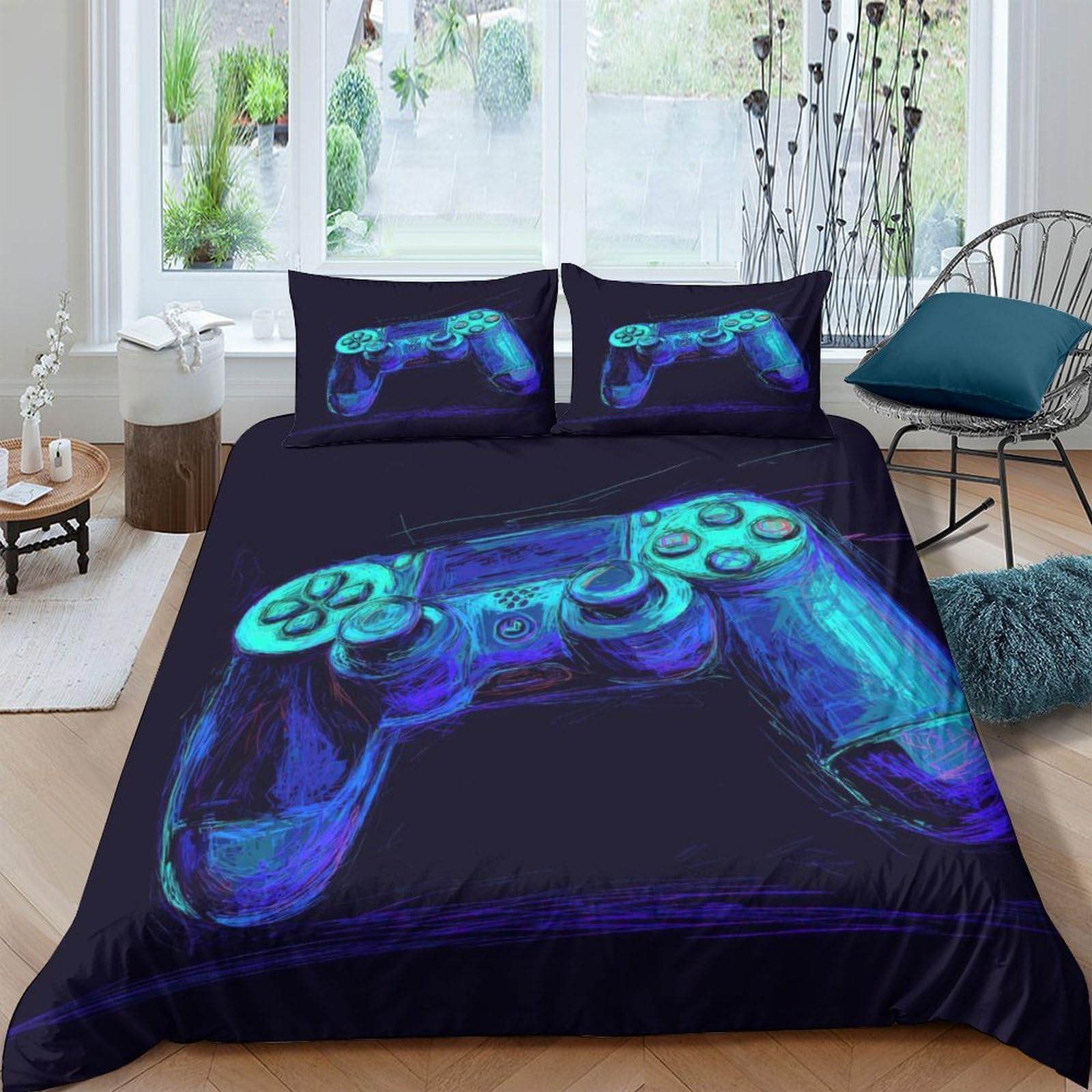 Ctjqhvkz Style-10 3D Printed Blue Gamepad Fitted Sheet Microfiber Soft Breathable Neon Controller Bed Cover For Bedroom Dorm Mattress Protection Decor Single（135X200cm）