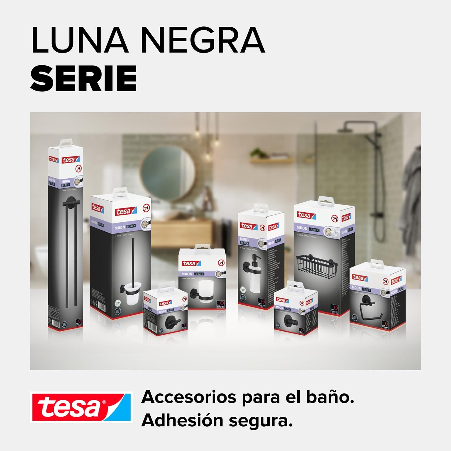 tesa Anilla de Toallas Moon Black, Negro Mate, autoadhesiva, tecnología de Montaje Adhesiva, 53 mm x 184 mm x 130 mm