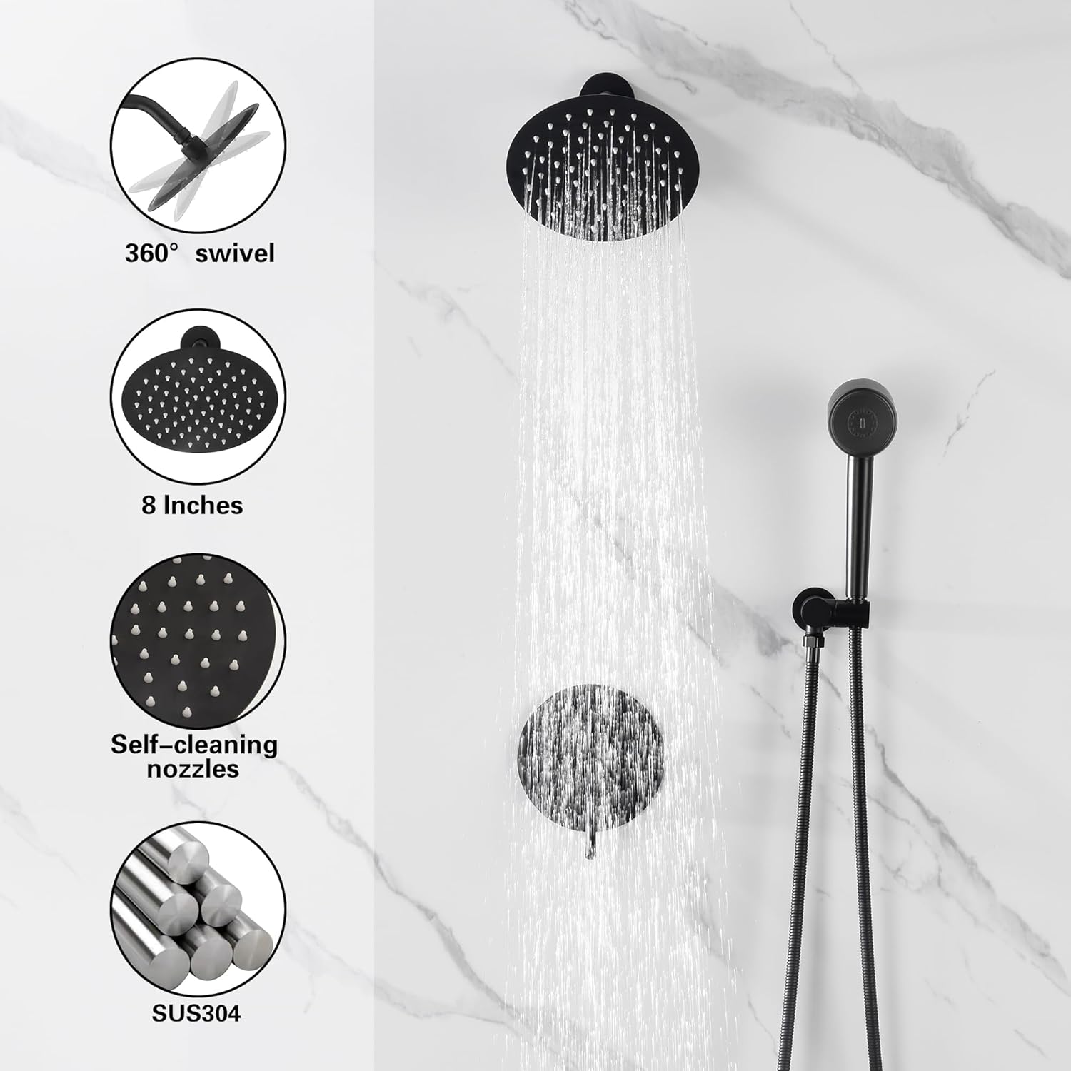 Black Shower Faucets Sets Complete, Shower Fixtures, Shower System with 8 Inches Rainfall Shower Head And 3-function High Pressure Handheld, Built- in Brass Valve with Box