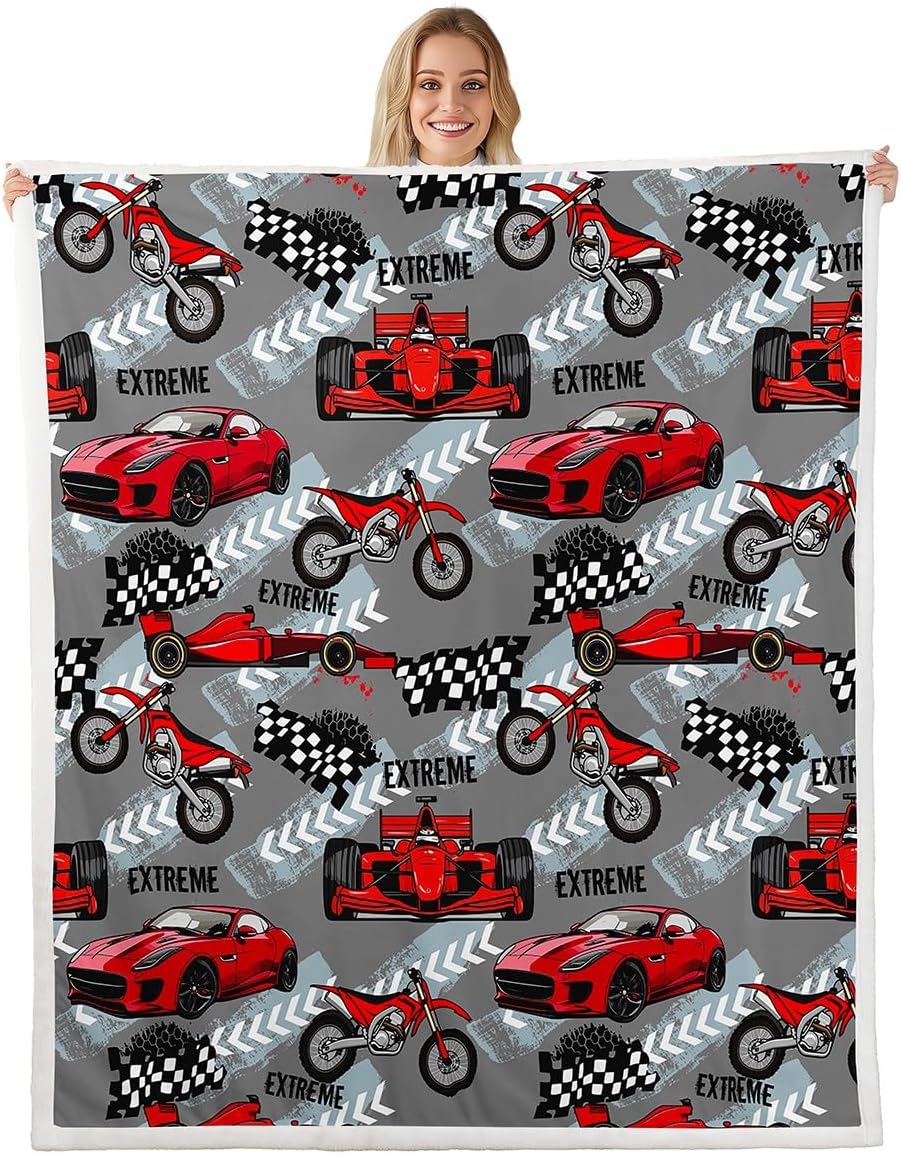 Erosebridal Red Racing Car Blanket for Boys Cartoon Dirt Bike Throw Blanket for Bed, Extreme Sports Fleece Blanket Grey Red Gray Black Sherpa Blanket, Sports Car Race Car Fuzzy Blanket