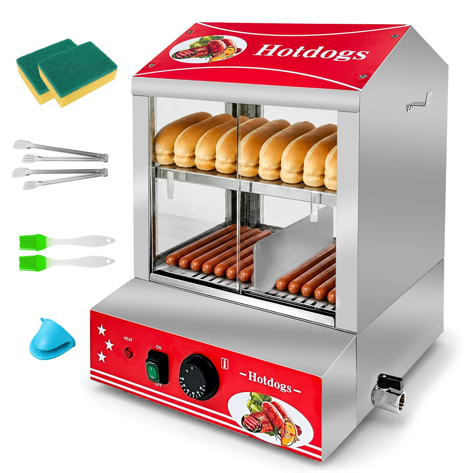 Sovtekr Hot Dog Machine - Electric Steaming 2-Tier 27L/29QT Capacity for 175 Hot Dogs & 40 Buns, Visible Glass Slide Doors for Commercial Home Use
