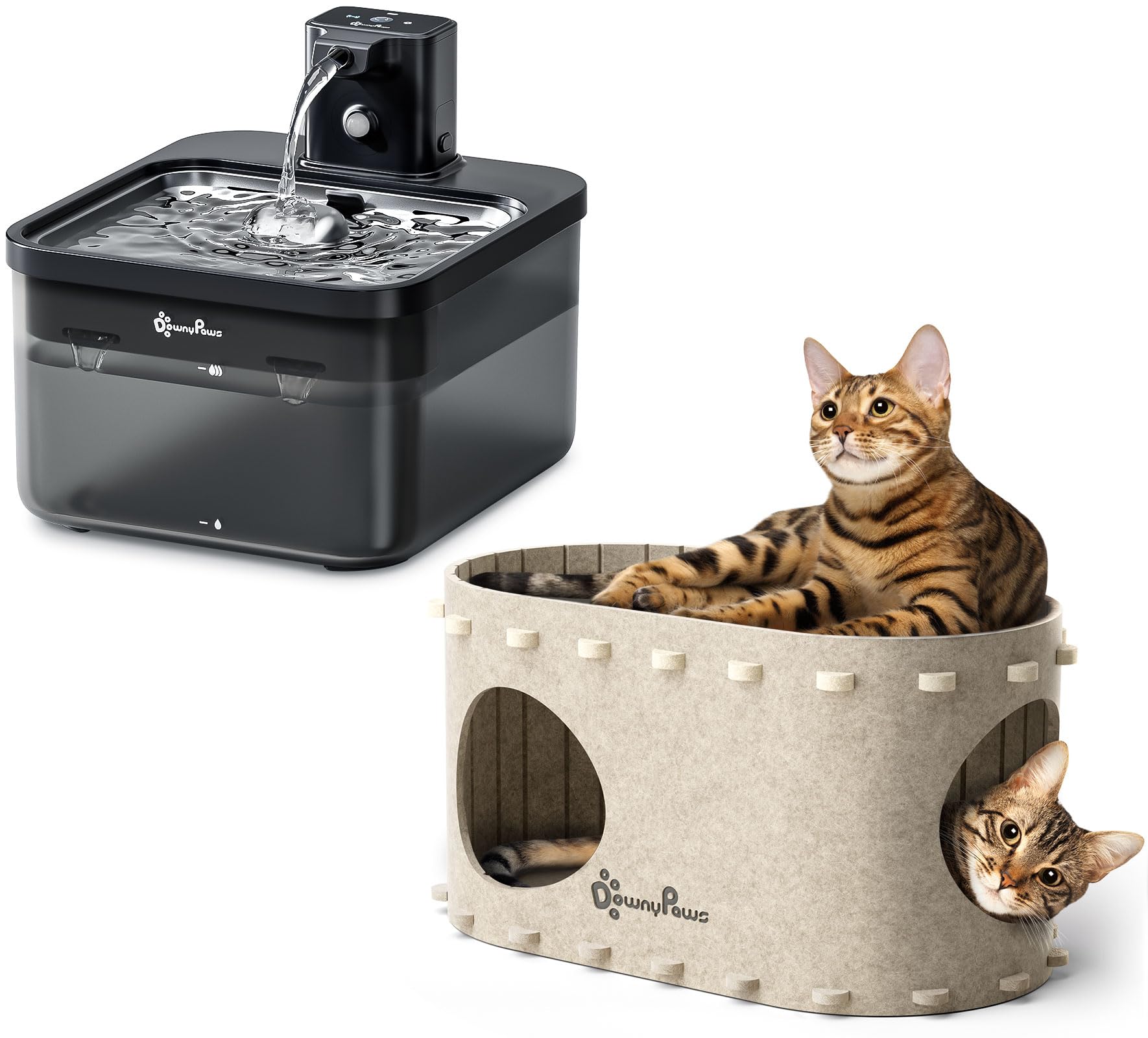 Fuente para gatos inalámbrica con detector de movimiento y cama cueva