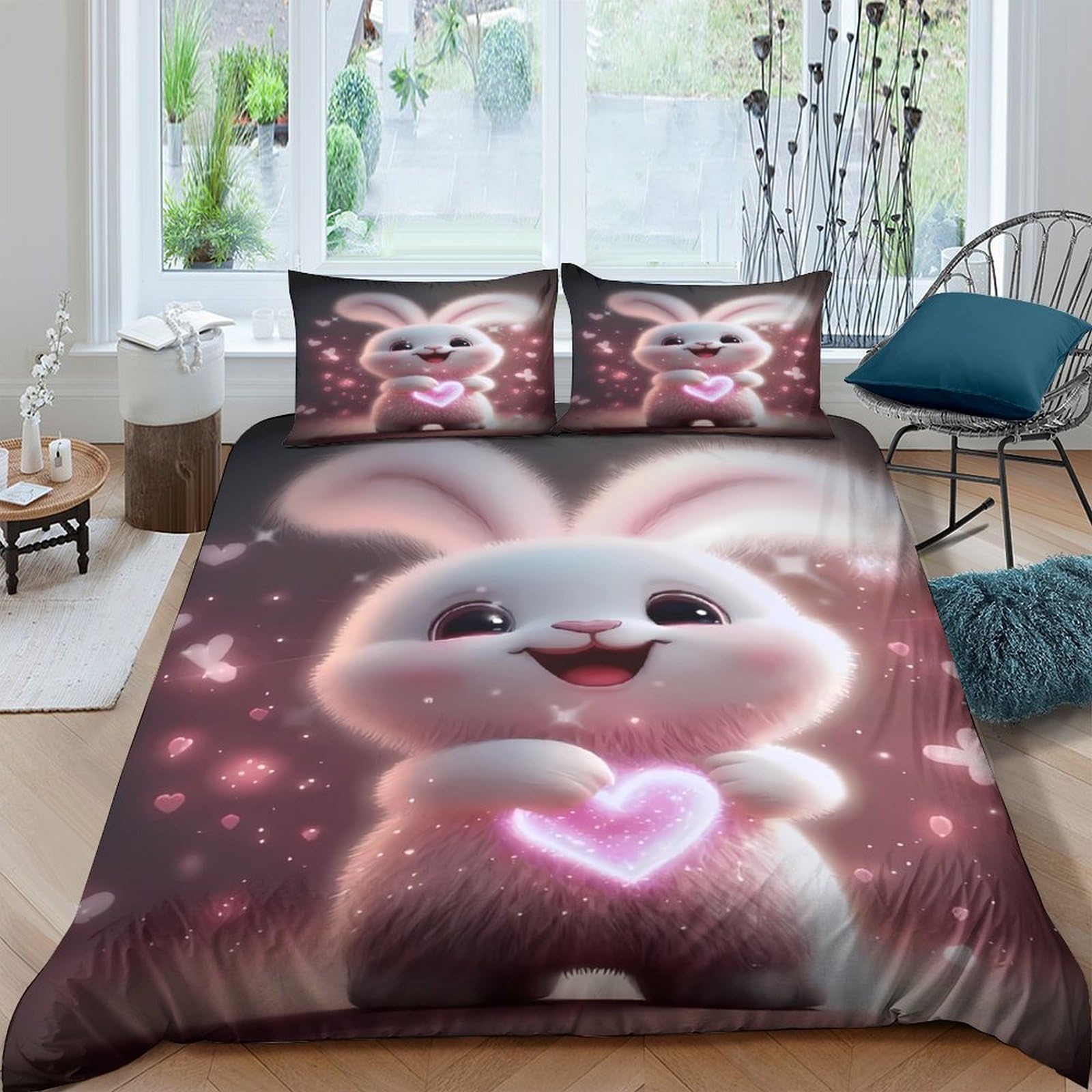 Ctjqhvkz Style-5 3D Printed Cute Bunny Heart Fitted Sheet Microfiber Soft Pink Glow Mattress Cover Bedroom Decor All Ages Single（135X200cm）